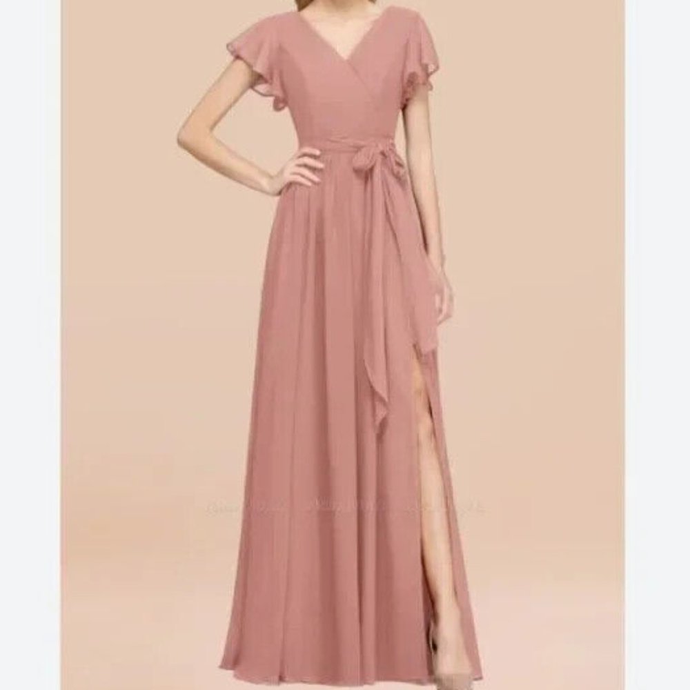 BM Bridal Blush Pink Short Sleeve Bridesmaid Dress Maxi Chiffon Slit V-Neck Sz 4